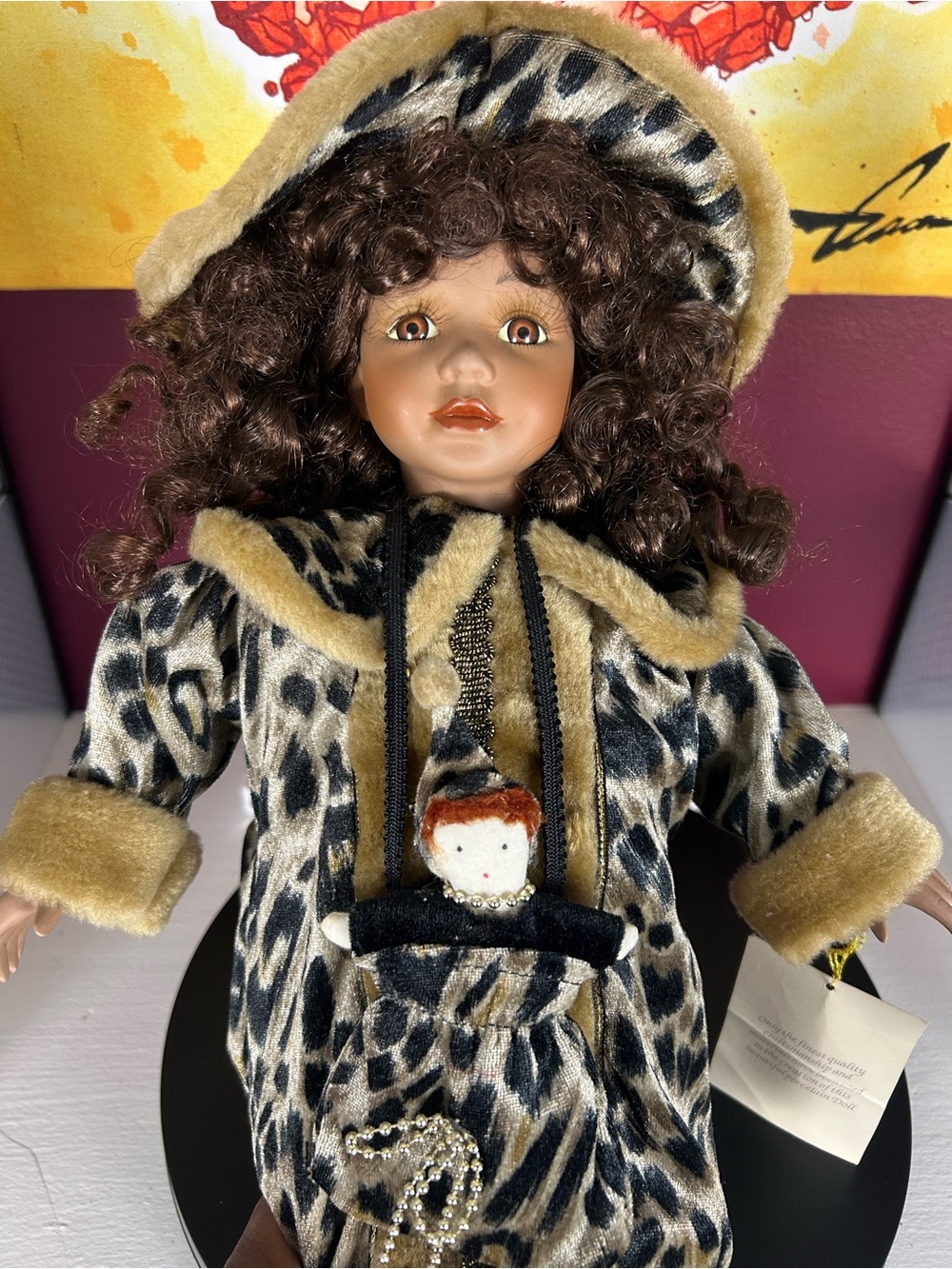 Collectible Memories Bridgette Porcelain Doll w/ Leopard Print Coat & Hat